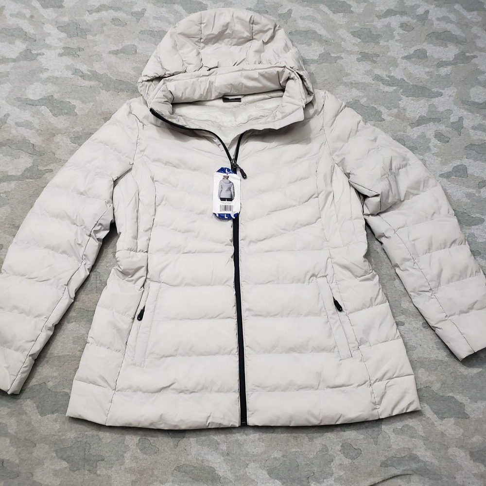 32 Degrees Heat Puffer Jacket Womens Large Beige Hooded Full Zip Quilted NWT